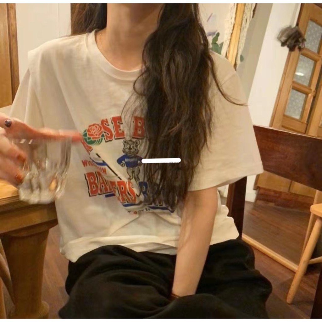 Áo Thun Cotton Tay Ngắn Cổ Tròn Dáng Rộng In Họa Tiết Hoạt Hình Phong Cách Hàn Quốc Cho Nữ