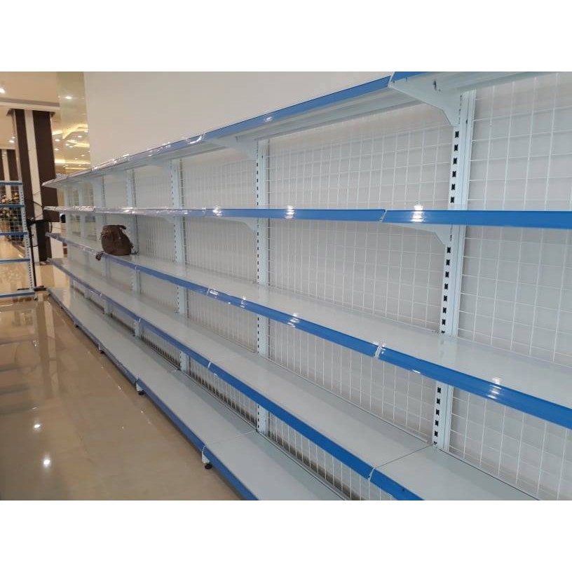 Kệ siêu thị đơn, 3 tầng cao 1,2m, dài 0,9m, rộng 0,4m.