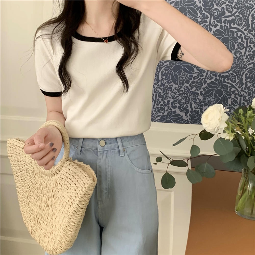 Áo Thun Ngắn Tay Cổ Tròn Màu Sắc Tương Phản Thời Trang Mới 50076