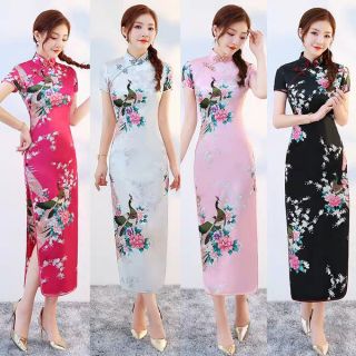 Sườn Xám Thượng Hải  một mảnh họa tiết hoa chim công (có sẵn L hồng phấn)