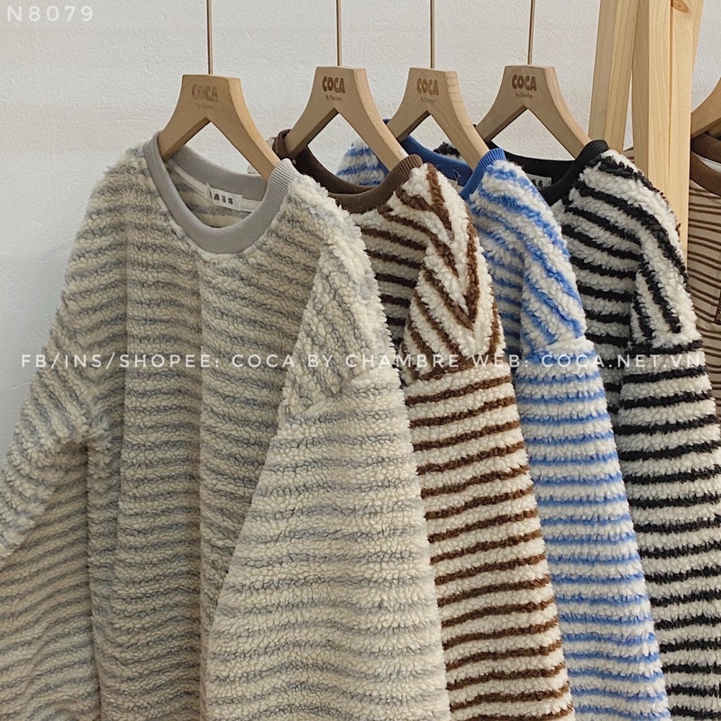 [N8079]️‍ Áo sweater nỉ lông cừu xù dày kẻ nhỏ form rộng phong cách Hàn Quốc (Có sẵn/ảnh thật)