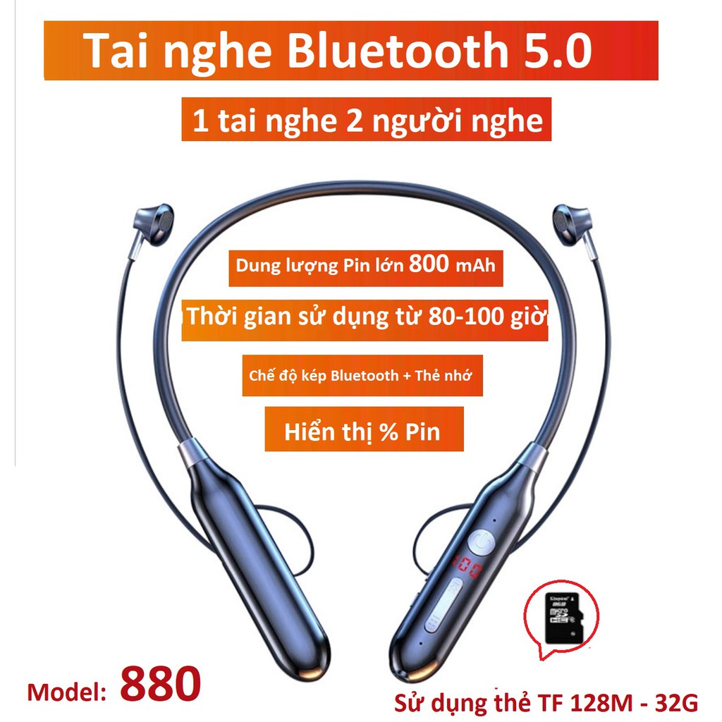 Tai Nghe Bluetooth thể thao S880 chip 5.0 Pin khủng 800mAh, Nghe Nhạc 100h ,hỗ trợ LED báo % pin, hỗ trợ khe lắp thẻ nhớ