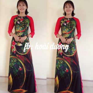 Áo dài hoạ tiết tay đỏ