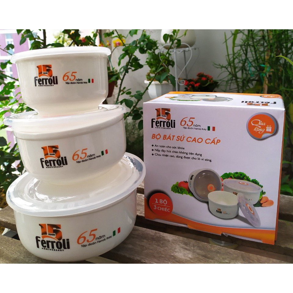 Bộ tô, chén, bát sứ cao cấp Ferroli nắp hút chân không tiện dụng dùng an toàn tuyệt đối trong lò vi sóng.