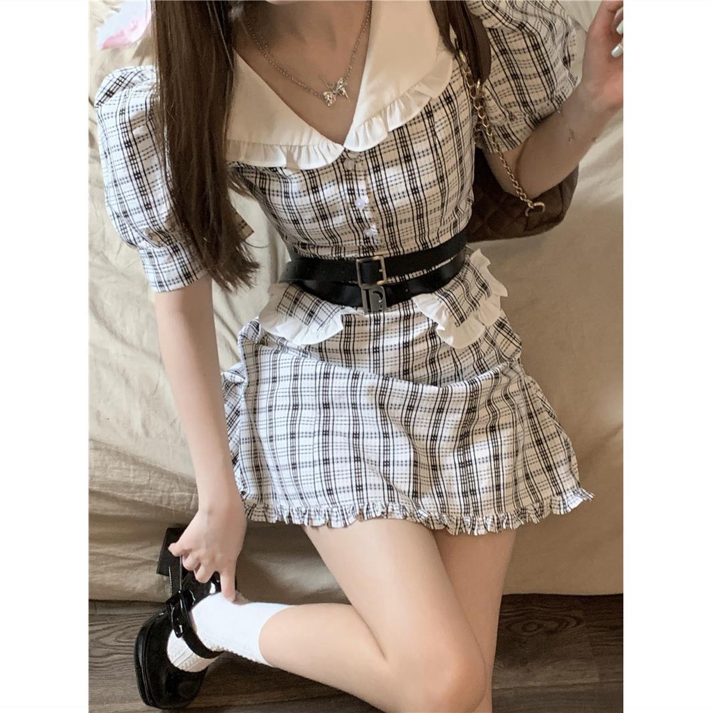 Váy Lolita ngắn tay kẻ sọc đen trắng Đai thắt lưng cao