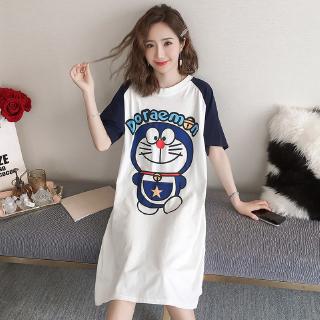 Đầm ngủ mỏng tay lửng dáng rộng họa tiết doraemon dễ thương có size lớn thời trang mùa hè cho nữ