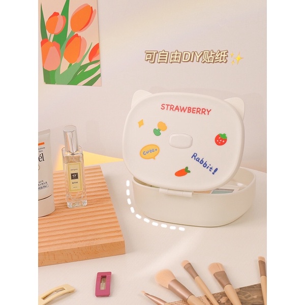 [Tặng Sticker] Gương tai mèo cute - Hộp đựng đồ makeup có gương tiện lợi đi du lịch