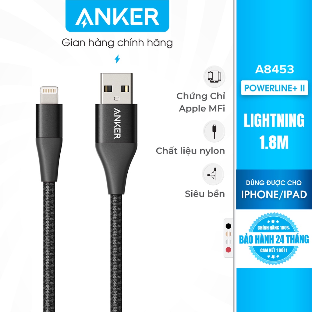 Cáp sạc ANKER PowerLine+ II Lightning dài 1.8m không kèm túi đựng - A8453H