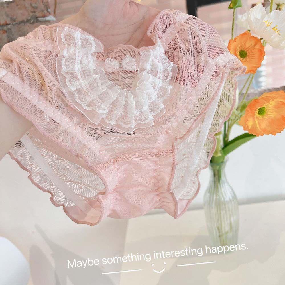 Anemone Quần Lót Lưới Chấm Bi Khoét Rỗng Eo Diềm Xếp Nếp Phối Ren Phong Cách Lolita Hàn Quốc Cho Nữ