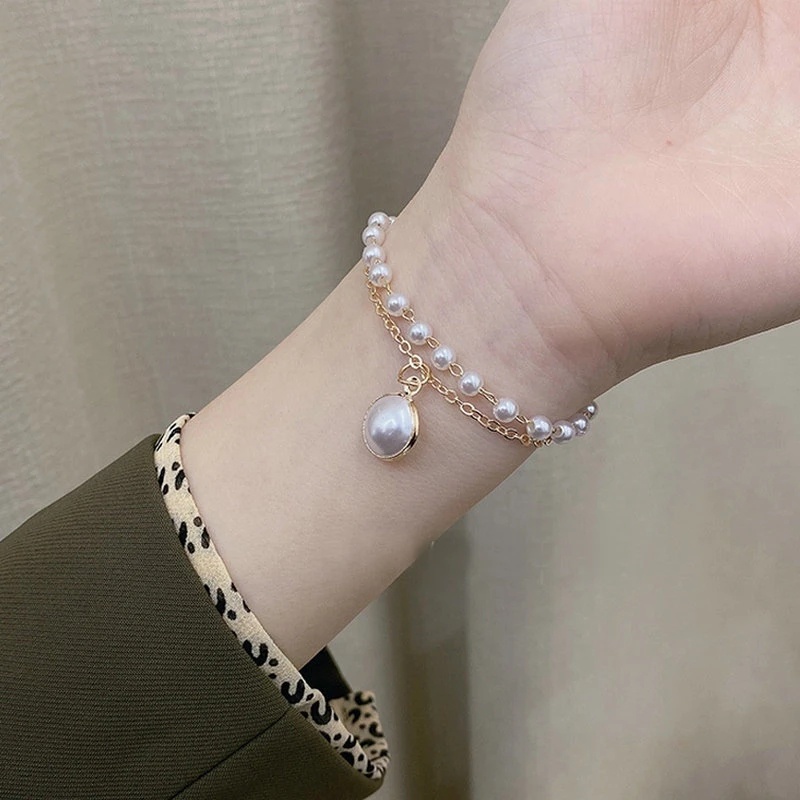 Vòng Tay Hai Lớp Đính Ngọc Trai Thanh Lịch Màu Sắc Vàng / Bạc Dành Cho Nữ