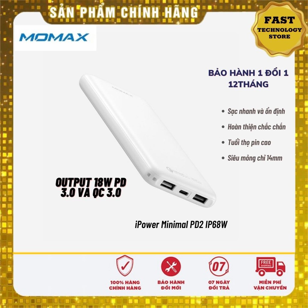 Pin sạc dự phòng sạc nhanh 18W Momax iPower Minimal PD IP68W PD 3.0 + QC 3.0 siêu mỏng