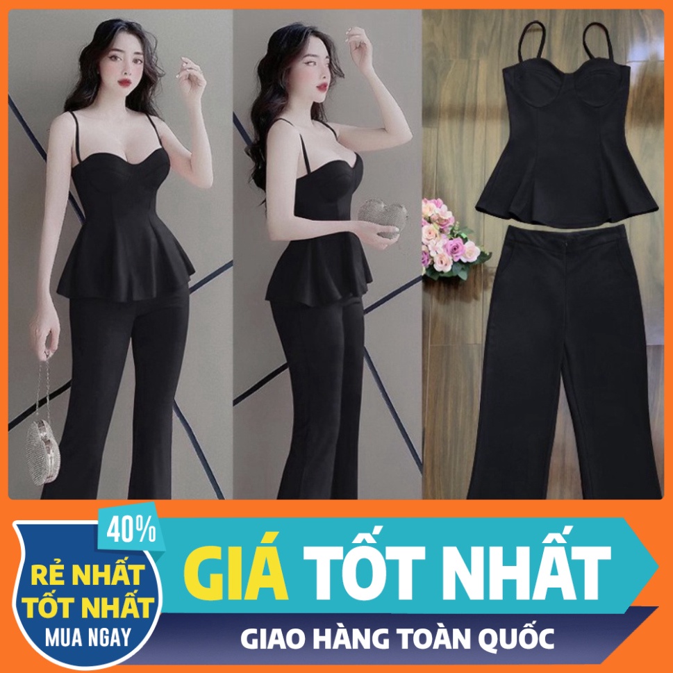 Set đồ nữ xa hoa đẹp tính cách nguyên bộ áo cúp ngực 2 dây quần dài ống rộng dây kéo trước TJ1159