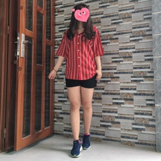 Áo Sơ mi oversize đỏ 2 sọc trắng - tay ngắn