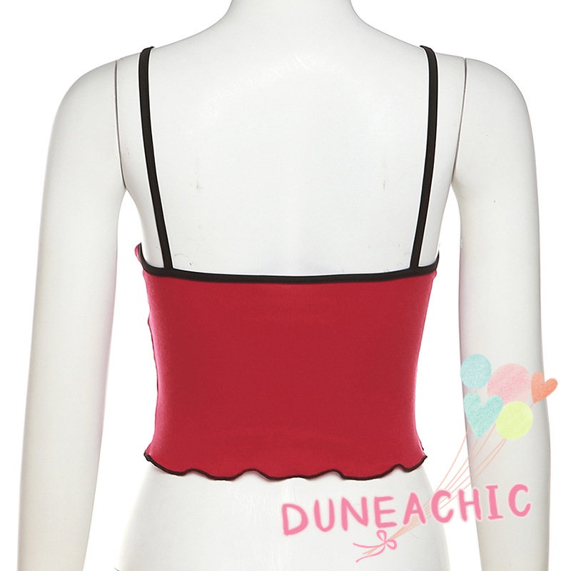 DUNEA Áo Croptop Hai Dây Hở Lưng Phối Bèo Màu Khối Thời Trang Cho Nữ