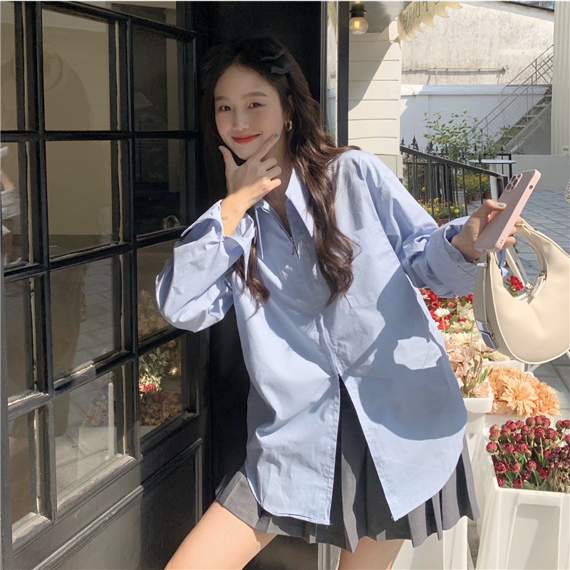 Áo sơ mi trắng tay dài cổ polo dáng rộng có khóa kéo đôi phong cách retro Mỹ thời trang cho nữ