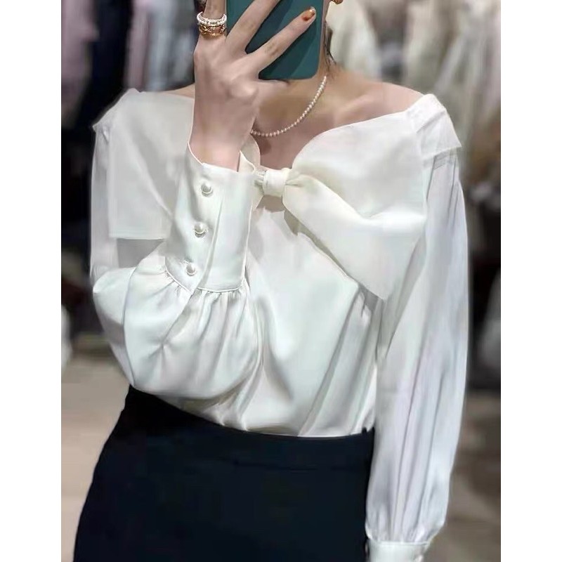 Áo sơ mi lụa trễ vai,phối nơ bản to B-A-M STORE