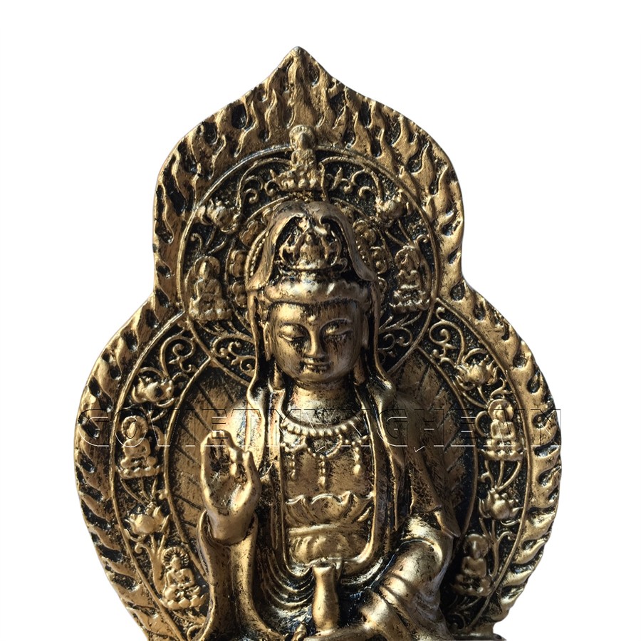 Tượng Đá Phật Quán Thế Âm Bồ Tát + Chữ Phật (Màu Nhũ Vàng)