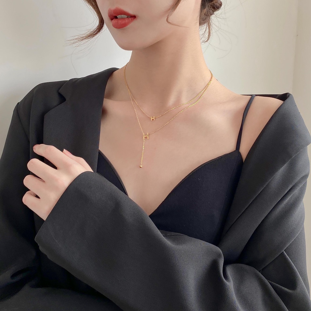 Dây chuyền titan nữ 2 lớp mặt chữ H cá tính không đen gỉ