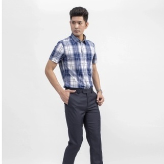 Áo sơ mi công sở nam tay ngắn Aristino màu xanh sọc caro trắng dáng slim fit vải sợi sồi cao cấp ASS004S9