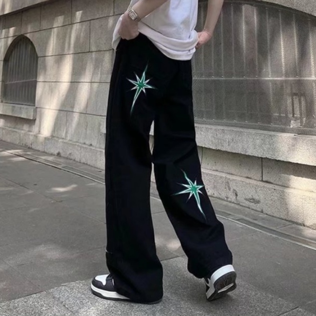 Quần Jean Ống Rộng Plus Size Thêu Hình Ngôi Sao Phong Cách Retro Mỹ Cho Nam Nữ