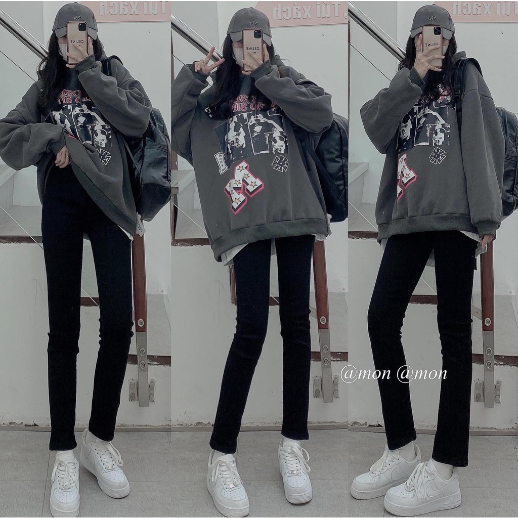 2101359 Quần jeans nữ ulzzang chất jeans mềm co giãn tốt dáng ôm loe nhẹ ống đứng 2 màu đen, xanh có size