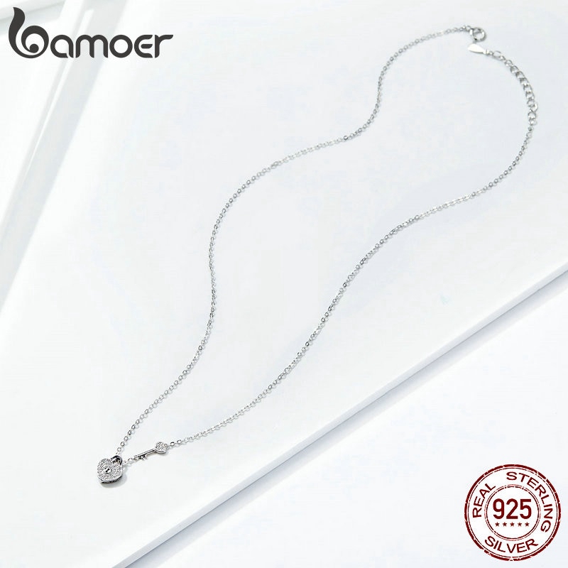 Vòng cổ bạc sterling 925 BAMOER CN315 phối mặt hình ổ khóa và chìa khóa trái tim tình yêu