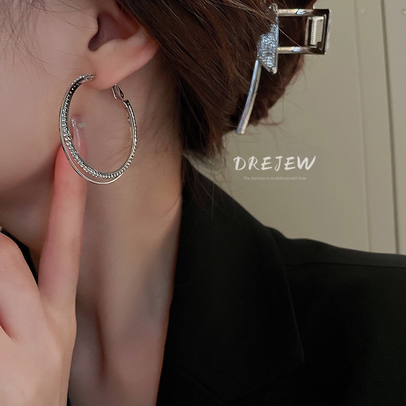 Khuyên tai DREJEW 2 hai lớp đính kim cương giả màu bạc thời trang dễ phối đồ phong cách cá tính