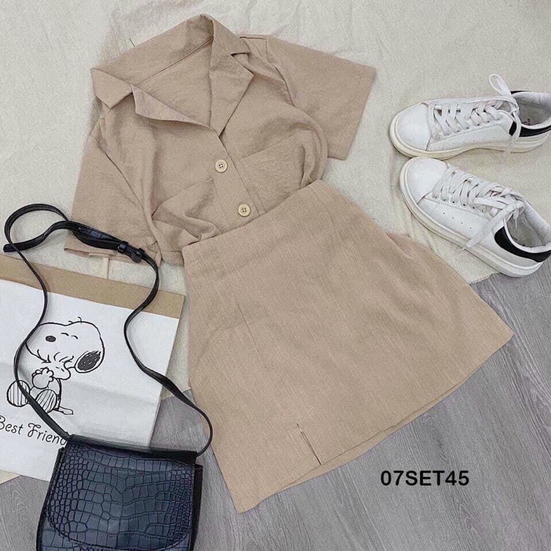 SET ÁO CỔ VEST KÈM QUẦN VÁY XẺ NUDE ĐEN (hình thật shop tự chụp) | BigBuy360 - bigbuy360.vn