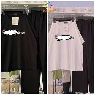Set áo thun form rộng cham.pion và quần ống rộng kẻ sọc unisex - viet_star