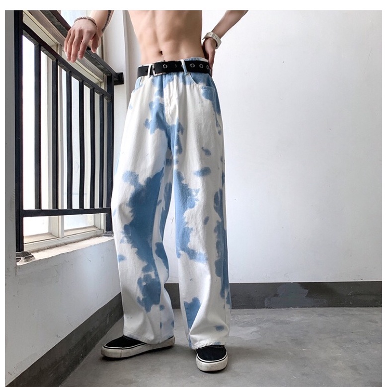 Quần bò jeans ống rộng màu bò sữa phối màu xanh trắng hiphop ovesize Ulzzang siêu chất ❤️