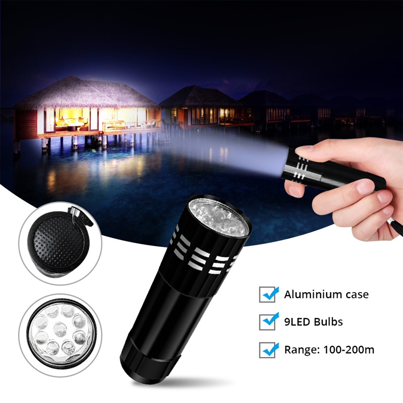 Đèn pin ANKNDO mini 9 bóng LED chất liệu hợp kim nhôm chống thấm nước