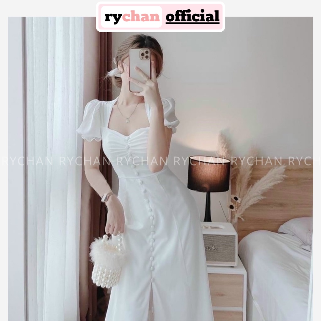 Đầm Nữ Dự Tiệc Khoe Dáng Cực Đẹp Cổ U Tay Ngắn Phồng Nút Bọc Xẻ Tà Tiểu Thư Màu Trắng [ẢNH THẬT CUỐI] - DX9830