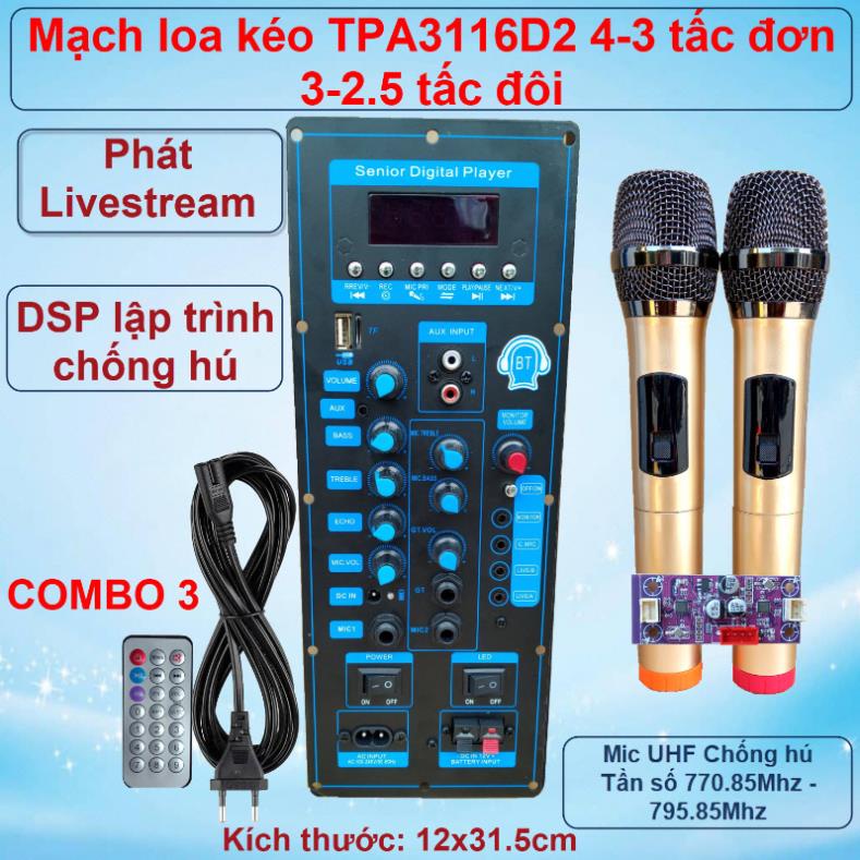 Mạch loa kéo TPA3116D2 150W LIVESTREAM - DSP lập trình chống hú loa kéo 4 – 3 tấc ĐƠN 3 – 2.5 tấc ĐÔI Kèm Micro VR XANH