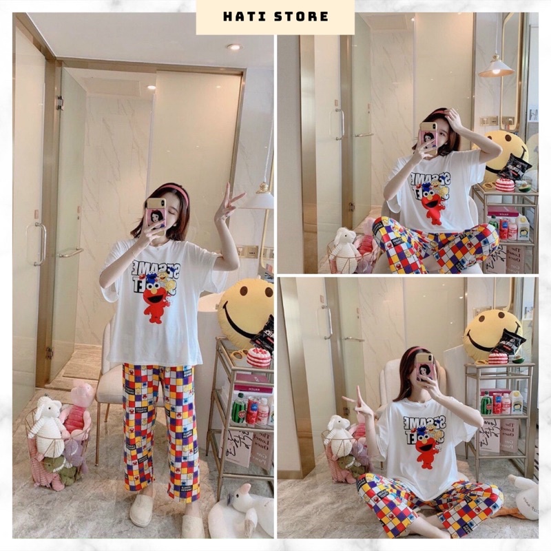Set đồ bộ nữ in hình dễ thương, Set quần dài ống rộng kèm áo thun mặc nhà NA50