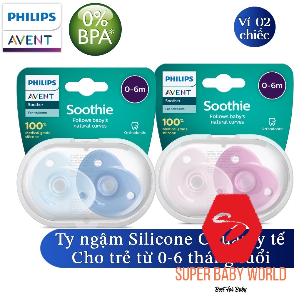 Bộ 2 ti ngậm silicone Soothie Philips Avent cho trẻ từ 0-6 tháng