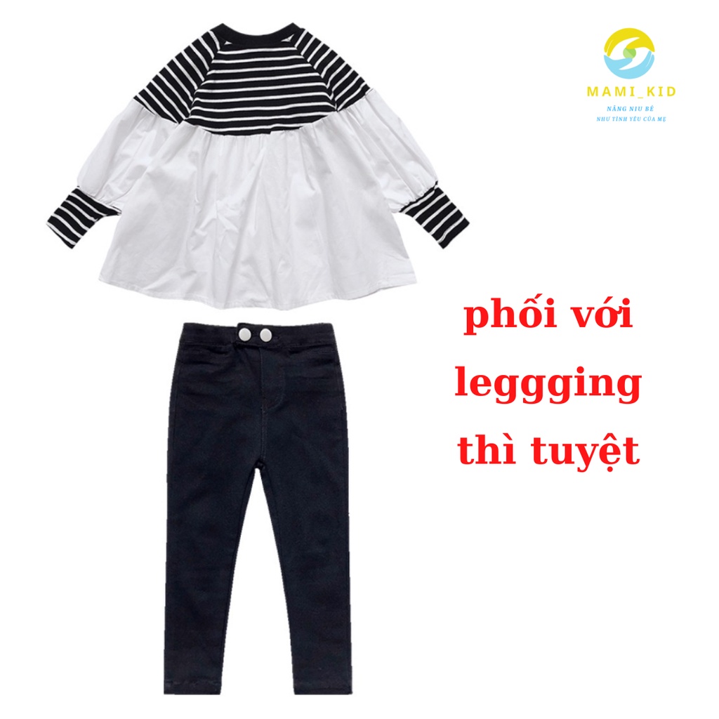 Áo Bé Gái Tay Dài Thu Đông, Áo Điệu Bé Gái len tăm kẻ phối Đũi hàn siêu đẹp, Shop Mamikid