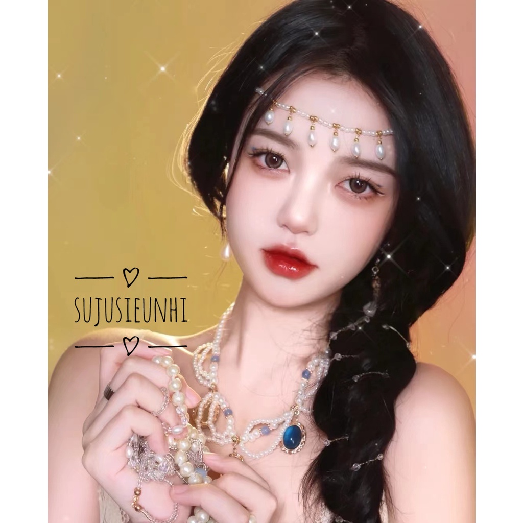 2 mẫu vòng ngọc nhân tạo màu xanh biển đeo cổ, đeo trán cosplay cổ phong Trung Hoa