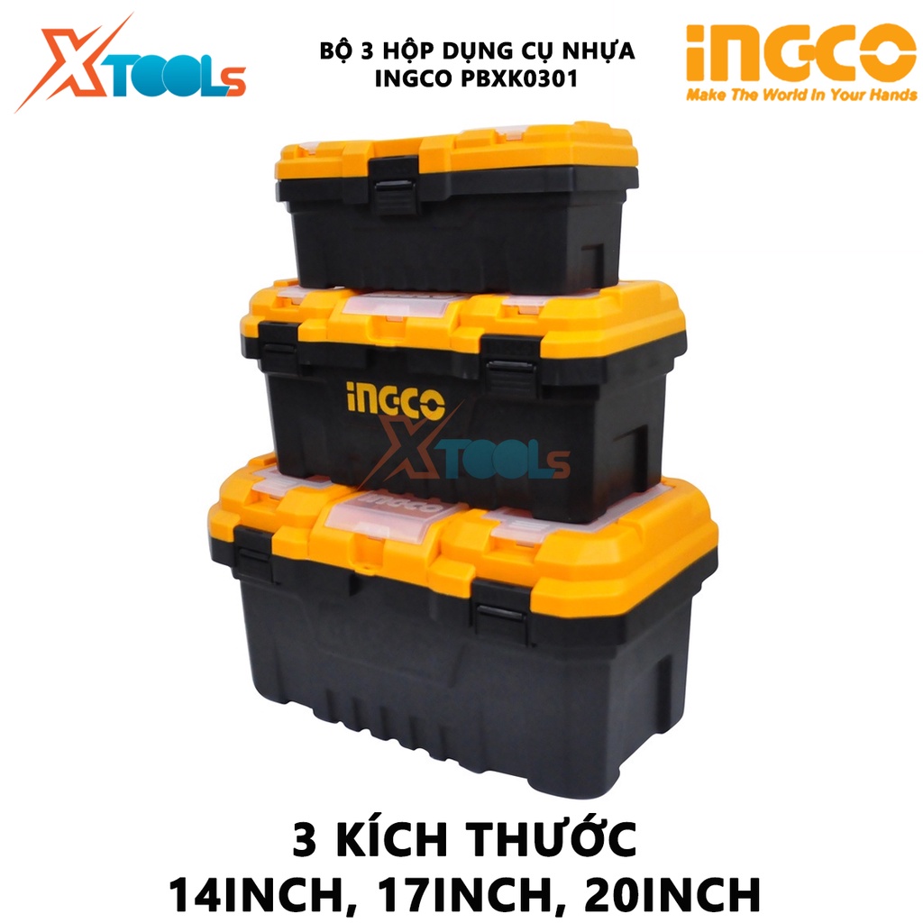 Bộ Combo hộp đựng dụng cụ 3 cái bằng nhựa INGCO PBXK0301 | Bộ 3 thùng đựng đồ nghề hộp dụng cụ bằng nhựa 14”, 17”, 20”