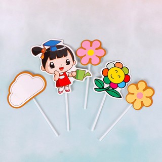Phụ kiện trang trí bánh sinh nhật_Set que cắm giấy bé gái + hoa