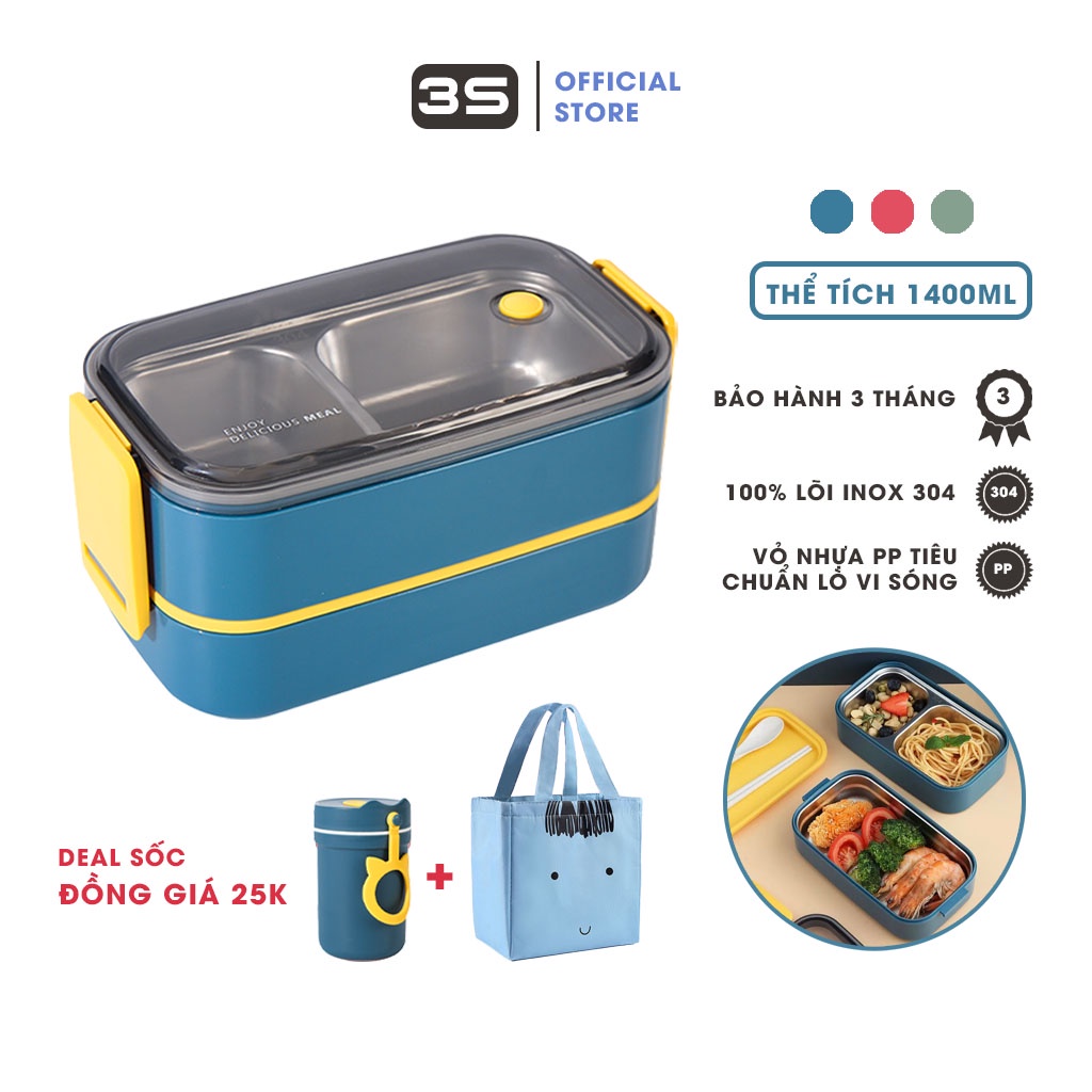 Hộp đựng cơm giữ nhiệt inox 2 tầng sử dụng lò vi sóng, Hộp cơm giữ nhiệt văn phòng kèm thìa đũa tiện