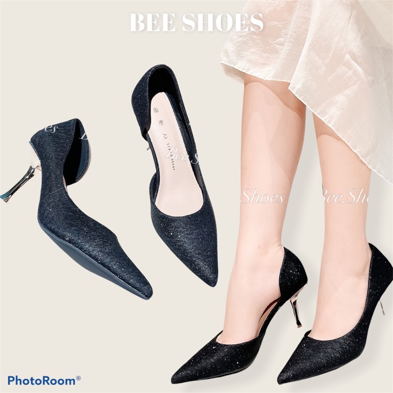 BEESHOES - GIÀY CAO GÓT NHŨ KIM TUYẾN KHOÉT HÔNG CAO 9 PHÂN SẴN MÀU ĐEN , KEM 210657