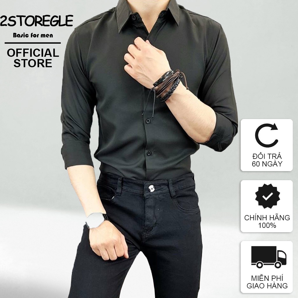 Áo Sơ Mi Nam Đen Trơn 2STOREGLE Dáng Vừa Body Phong Cách Hàn Quốc