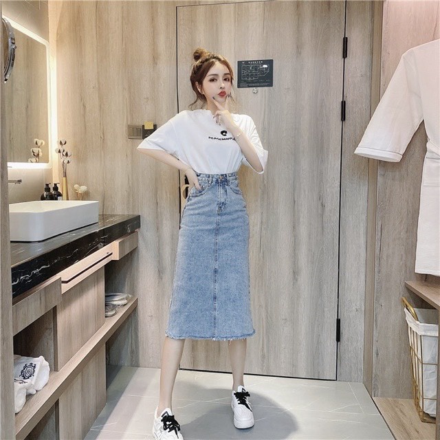 Chân Váy Bò Dài Xẻ Tà ,Váy Jeans Chữ A DENIM cạp cao