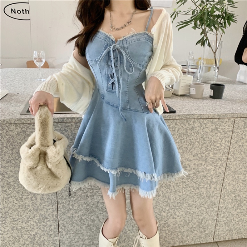 Chân Váy Denim Thiết Kế Cột Dây Phong Cách Retro Hợp Thời Trang