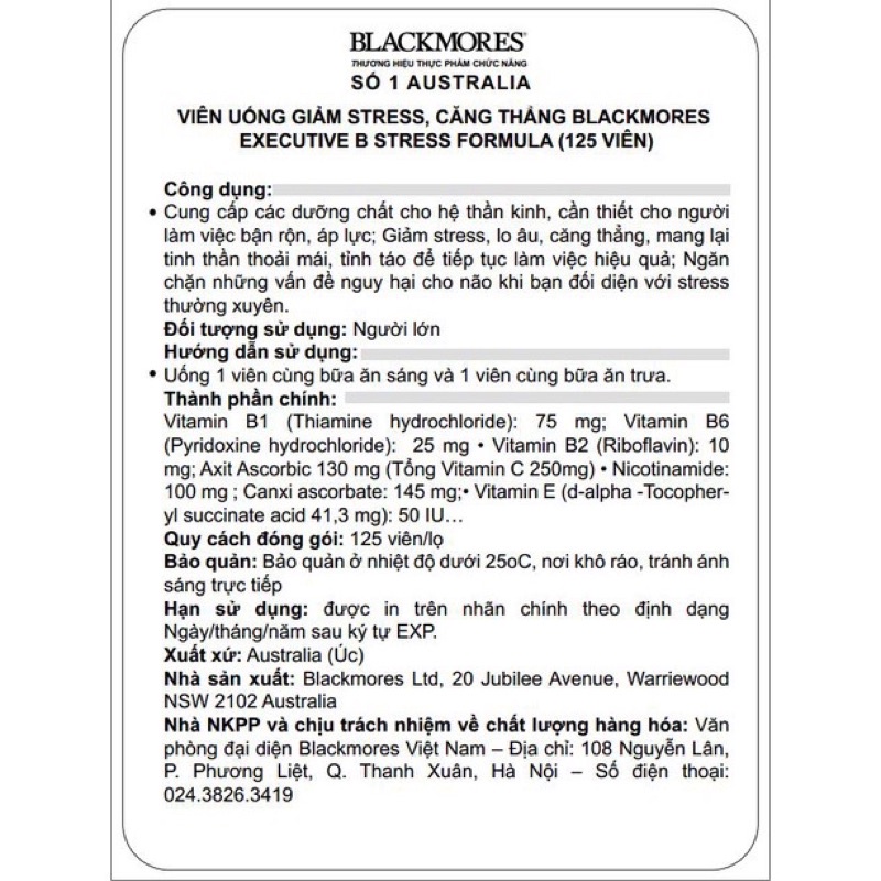 Viên uống giảm stress, căng thẳng Executive B Stress Formula Blackmores Úc [Hàng chính hãng nội địa Úc, bay Air, đ
