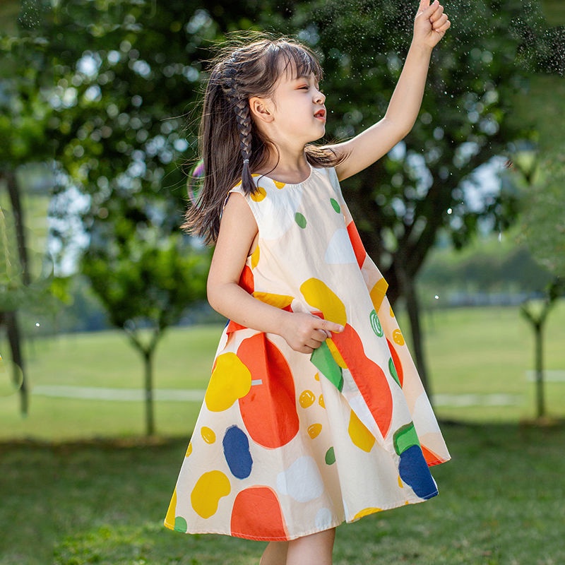 Đầm bé gái váy sát nách họa tiết sặc sỡ dáng xòe size nhỡ G17