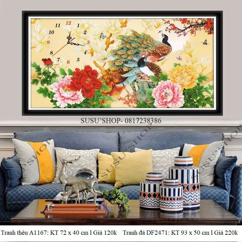Tranh đính đá tranh thêu chữ thập ( giá sỉ) Đồng hồ phu thê viên mãn DF2471 93x 50cm, DF302, tranh thêu A1167 (72x 40cm)