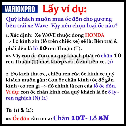 Ốc nối chân gương cao lên - chuyển ren chân kính đủ size - đủ loại xe - có hướng dẫn chi tiết