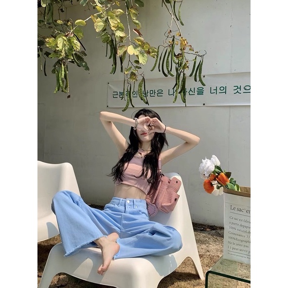 Quần Jeans suông xanh cắt gấu