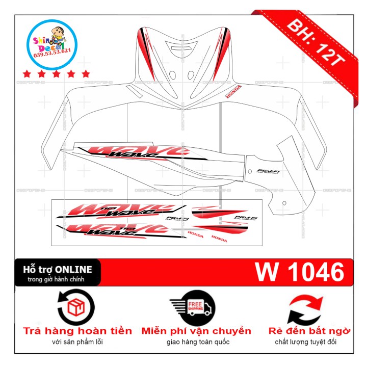 [SHIN DECAL] Tem xe wave S 110 trắng đỏ